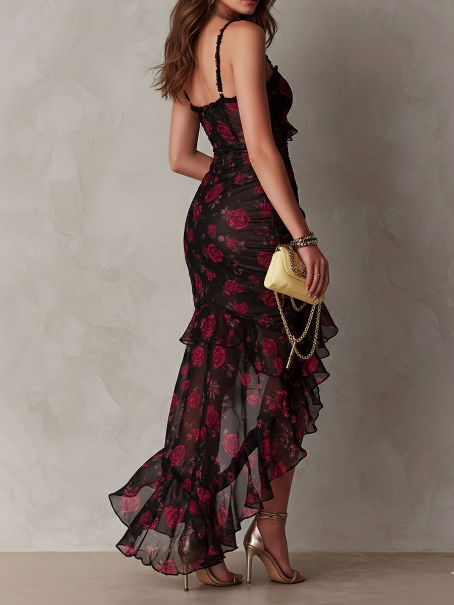 Flowering Girl Women Chic Black And Red Floral Ruched Ruffle Hem Dress