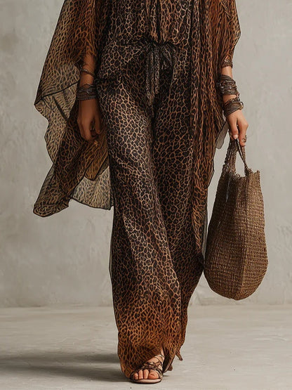 Bohemian Gradient Leopard Print Flowing Robe Three-piece Set