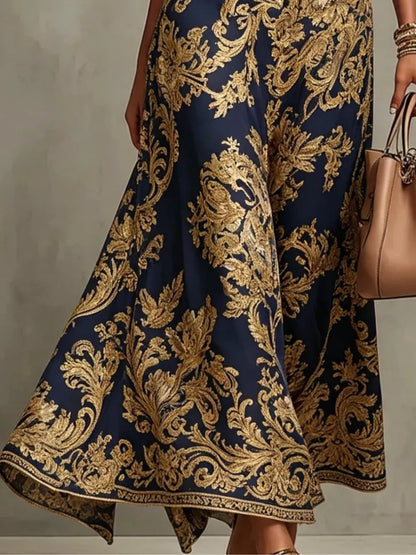 Navy Blue And Gold Baroque Print Halter Neck Sleeveless Maxi Dress