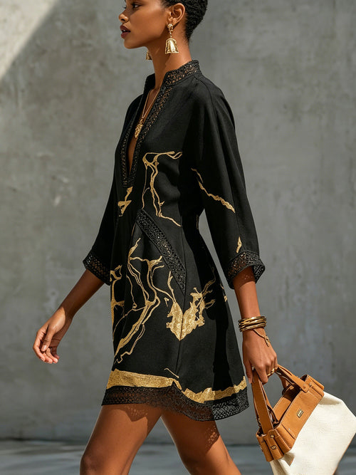 Flowering Girl Women Black Gold Printed V-neck Crochet Lace Mini Dress