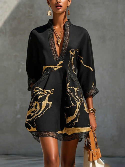 Flowering Girl Women Black Gold Printed V-neck Crochet Lace Mini Dress