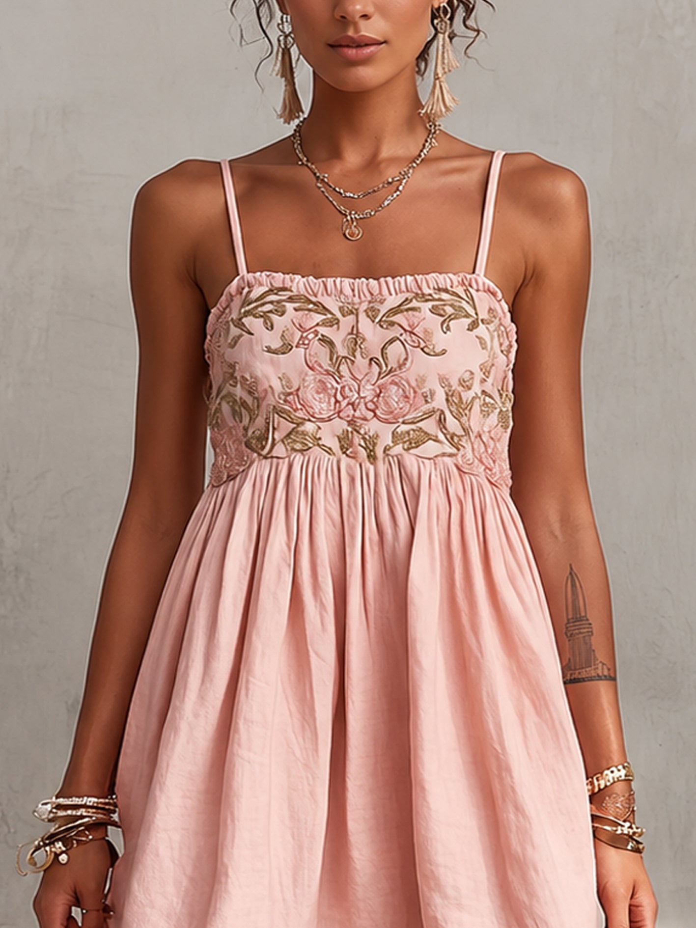 Pink Floral Embroidered Spaghetti Strap Mini Dress