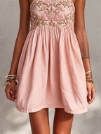 Pink Floral Embroidered Spaghetti Strap Mini Dress