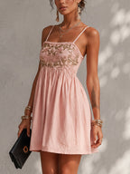 Pink Floral Embroidered Spaghetti Strap Mini Dress