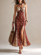 Rust-red Floral Print Chiffon High-slit Spaghetti Strap Maxi Dress