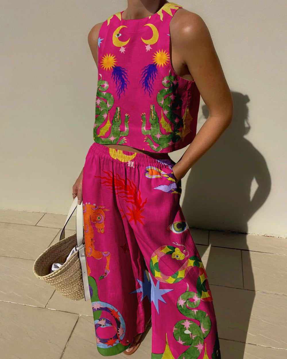 Flowering Girl Women Unique Print Tank And Elastic Waist Pocketed Pants Set