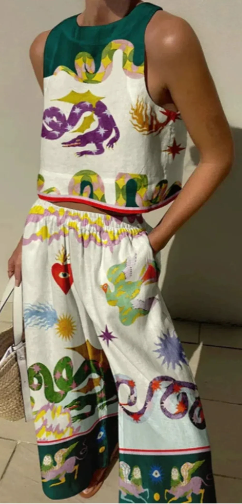 Flowering Girl Women Unique Print Tank And Elastic Waist Pocketed Pants Set