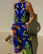 Flowering Girl Women Unique Print Tank And Elastic Waist Pocketed Pants Set