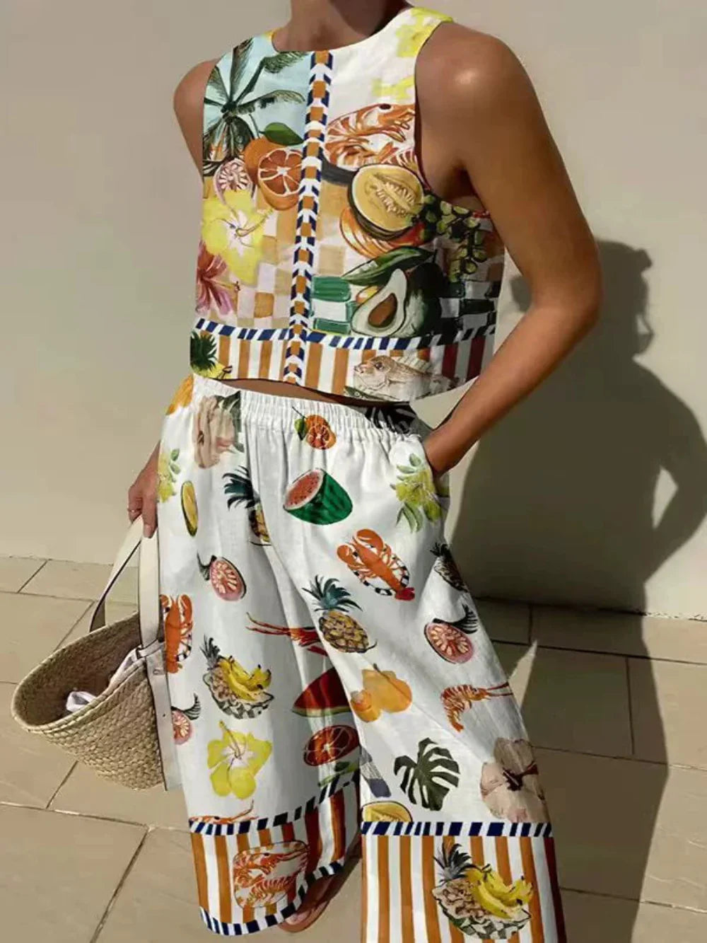 Flowering Girl Women Unique Print Tank And Elastic Waist Pocketed Pants Set