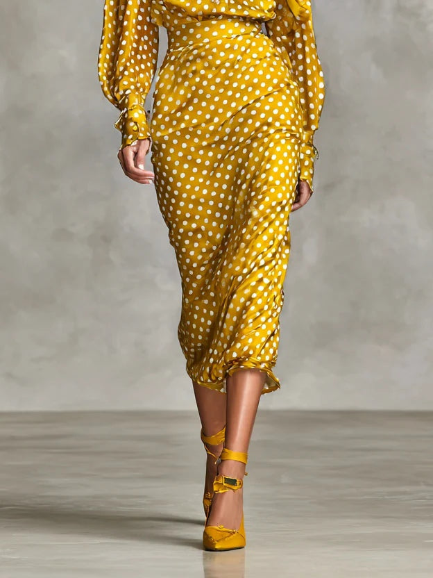 Flowering Girl Women Vintage Satin Polka Dot Print Shirt And Skirt Two-Piece Set