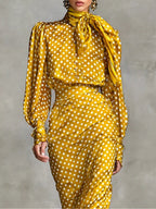 Flowering Girl Women Vintage Satin Polka Dot Print Shirt And Skirt Two-Piece Set