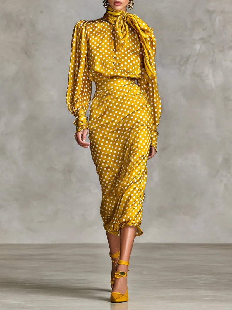 Flowering Girl Women Vintage Satin Polka Dot Print Shirt And Skirt Two-Piece Set