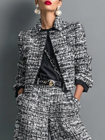 Flowering Girl Women Tweed Print Blend Single-Breasted Cropped Jacket And Wide-Leg Pants Set