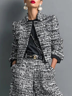 Flowering Girl Women Tweed Print Blend Single-Breasted Cropped Jacket And Wide-Leg Pants Set