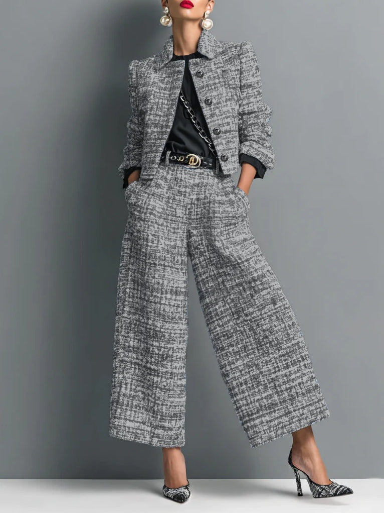 Flowering Girl Women Tweed Print Blend Single-Breasted Cropped Jacket And Wide-Leg Pants Set