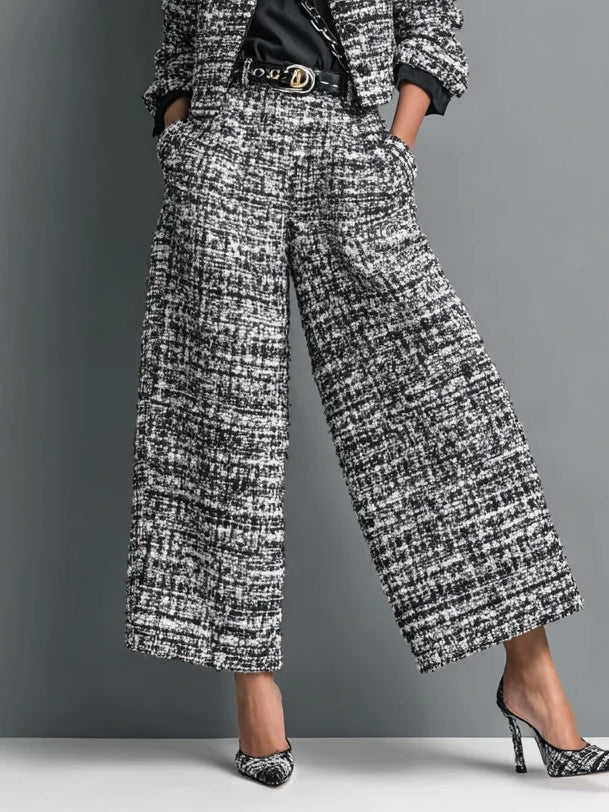 Flowering Girl Women Tweed Print Blend Single-Breasted Cropped Jacket And Wide-Leg Pants Set