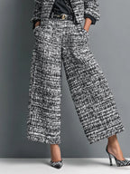 Flowering Girl Women Tweed Print Blend Single-Breasted Cropped Jacket And Wide-Leg Pants Set