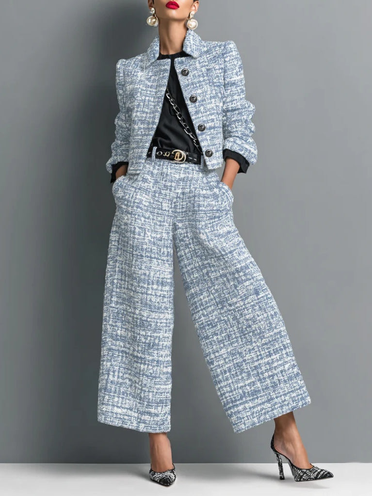Flowering Girl Women Tweed Print Blend Single-Breasted Cropped Jacket And Wide-Leg Pants Set