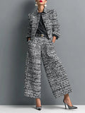 Flowering Girl Women Tweed Print Blend Single-Breasted Cropped Jacket And Wide-Leg Pants Set