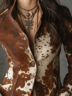 Flowering Girl Women Vintage Stand-up Collar Cow Print Slim-fit Jacket