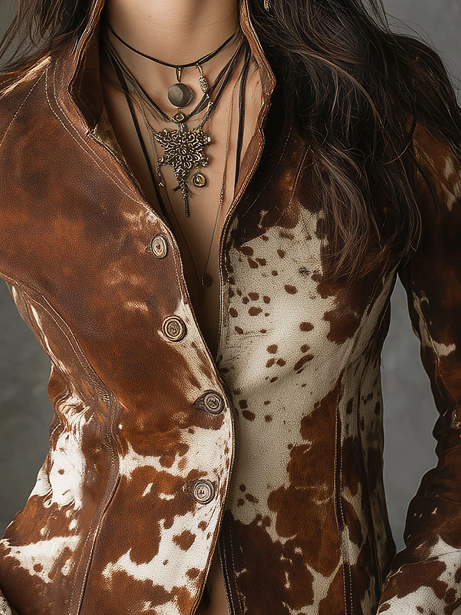 Flowering Girl Women Vintage Stand-up Collar Cow Print Slim-fit Jacket