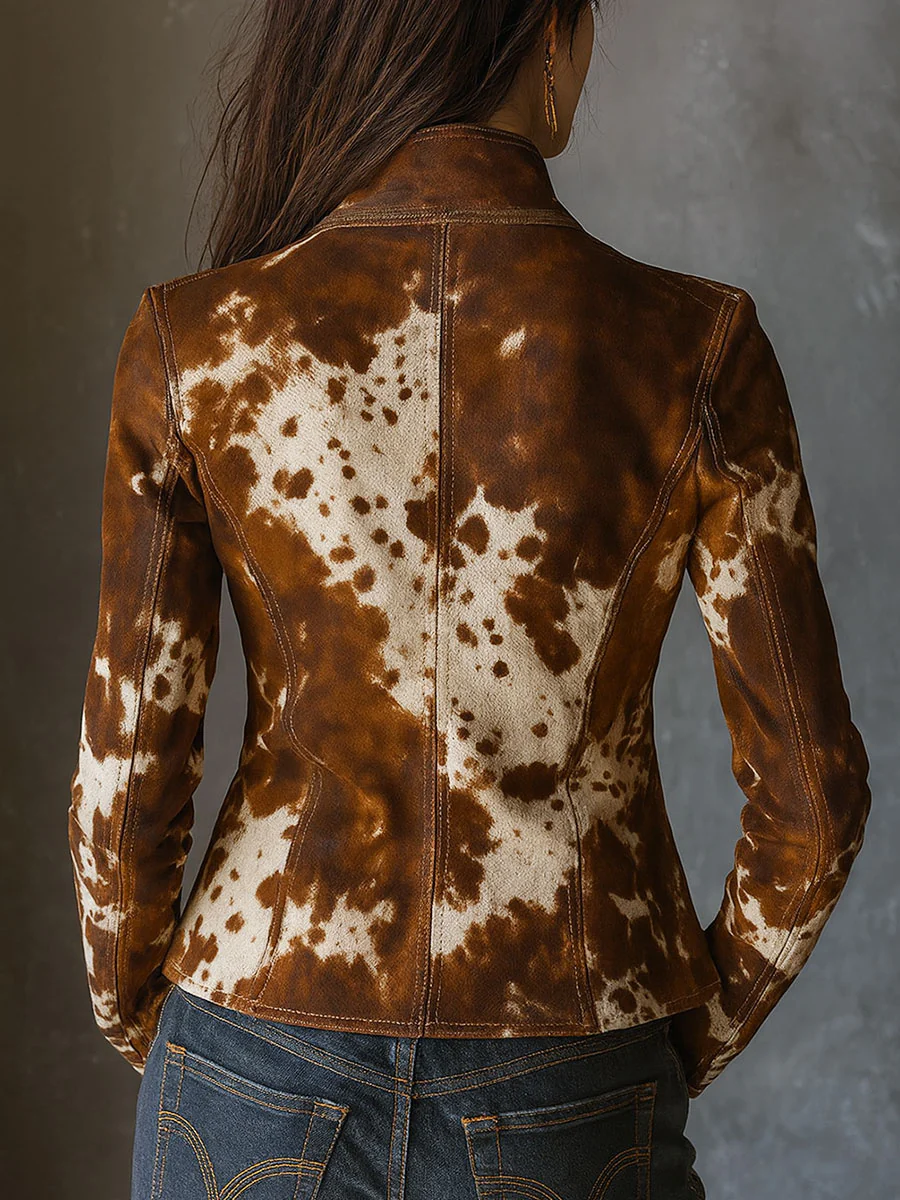 Flowering Girl Women Vintage Stand-up Collar Cow Print Slim-fit Jacket