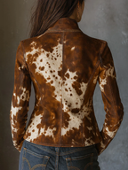 Flowering Girl Women Vintage Stand-up Collar Cow Print Slim-fit Jacket