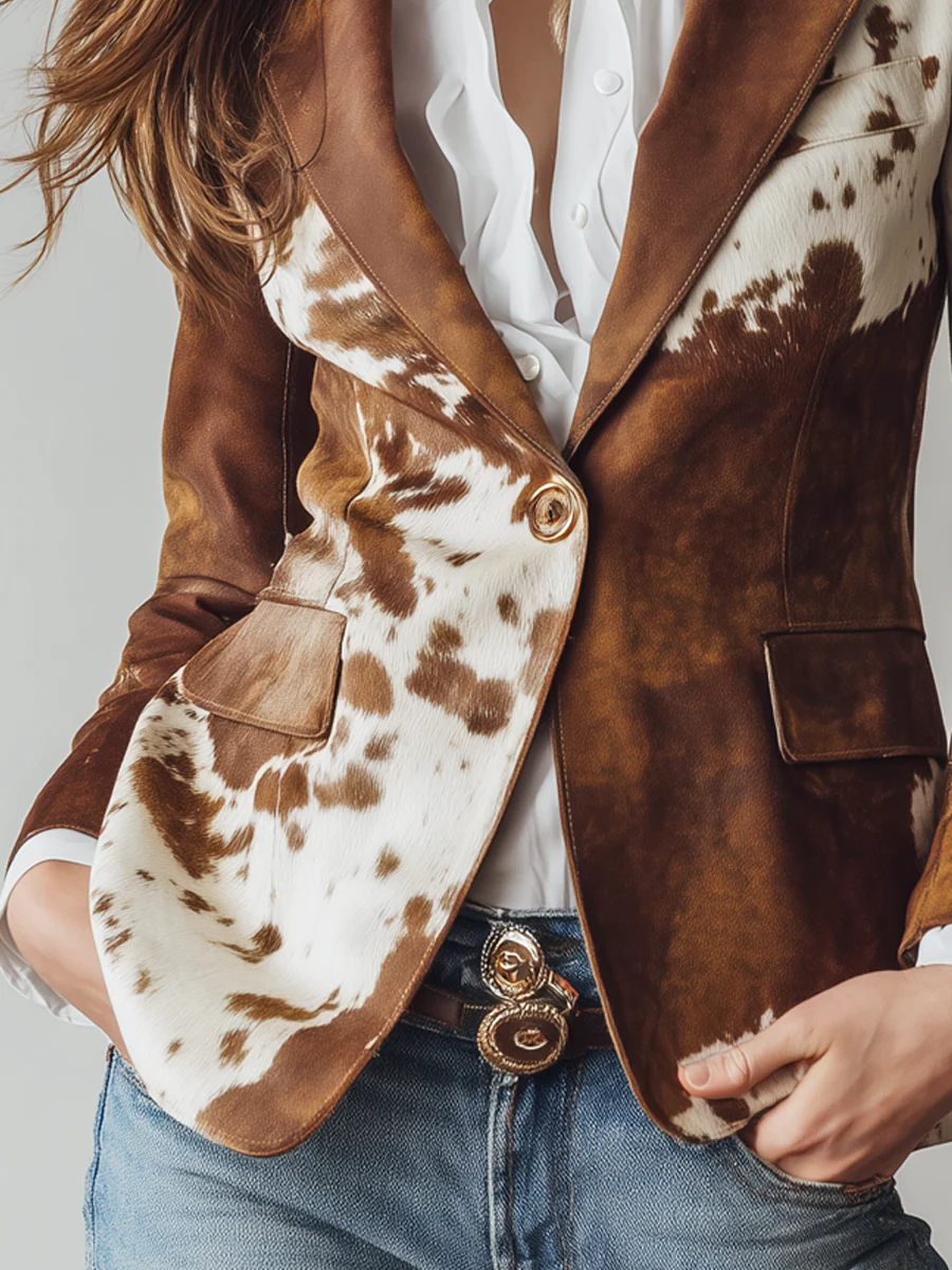 Flowering Girl Women Retro Brown Cow Print Suit Jacket