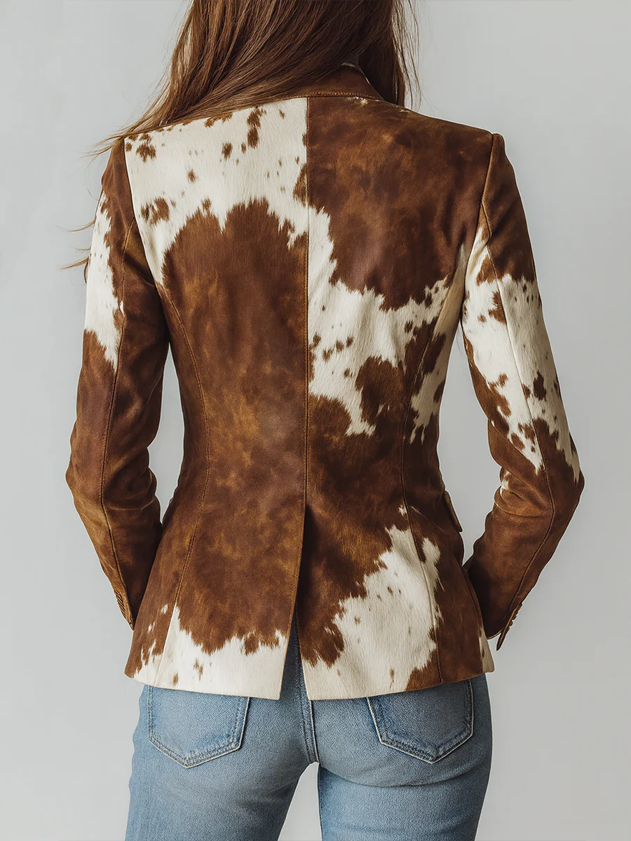 Flowering Girl Women Retro Brown Cow Print Suit Jacket