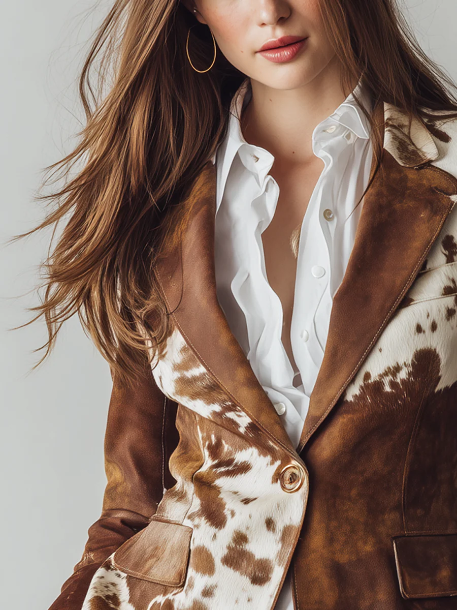 Flowering Girl Women Retro Brown Cow Print Suit Jacket