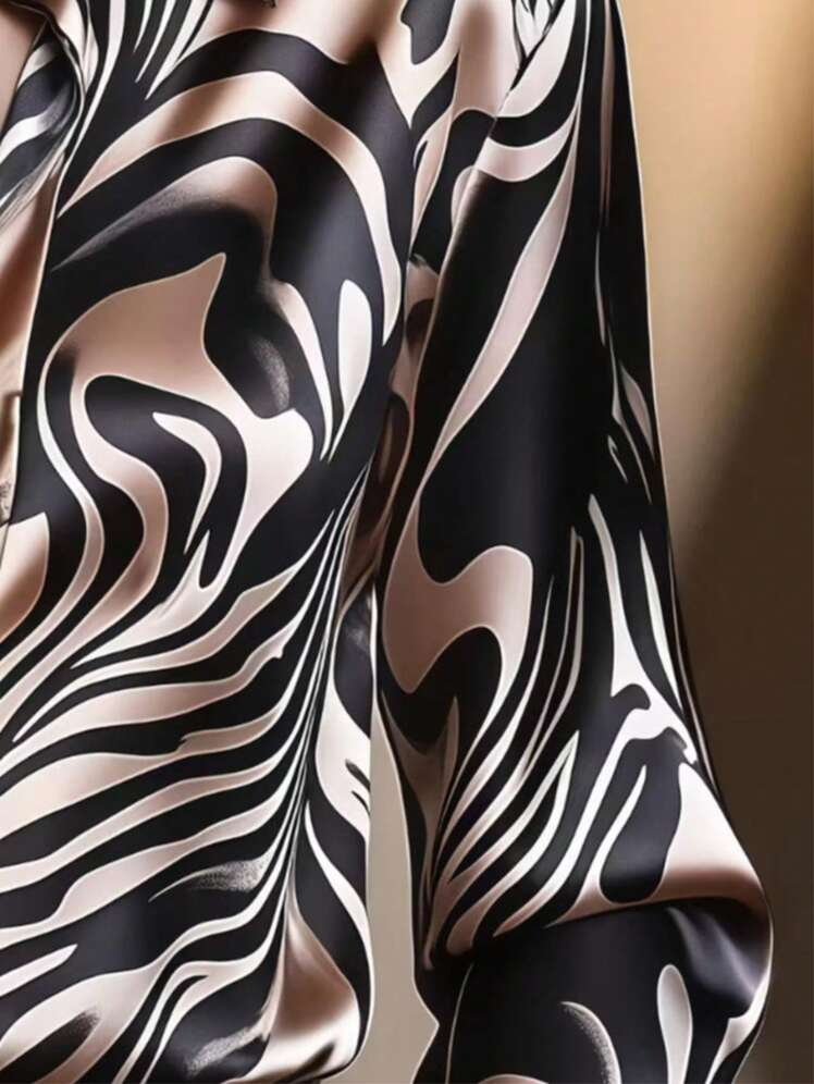 Flowering Girl Women Elegant Satin Collar Zebra Print Shirt