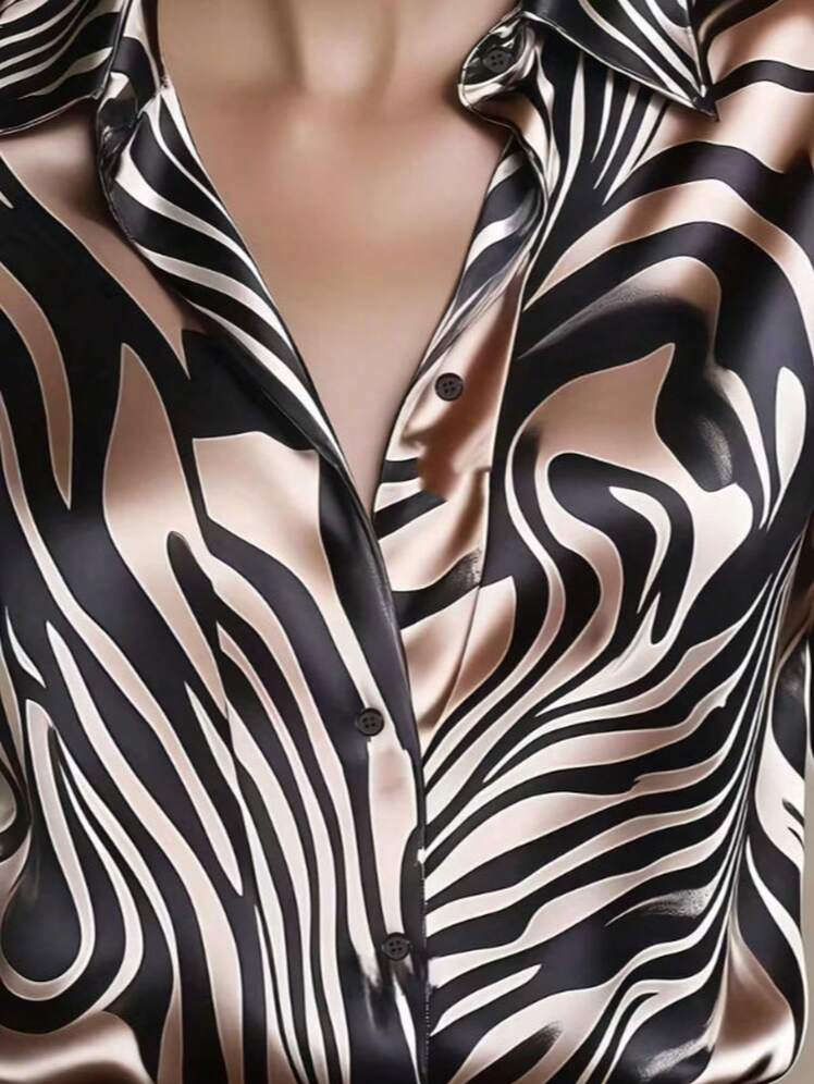 Flowering Girl Women Elegant Satin Collar Zebra Print Shirt