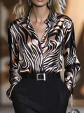 Flowering Girl Women Elegant Satin Collar Zebra Print Shirt