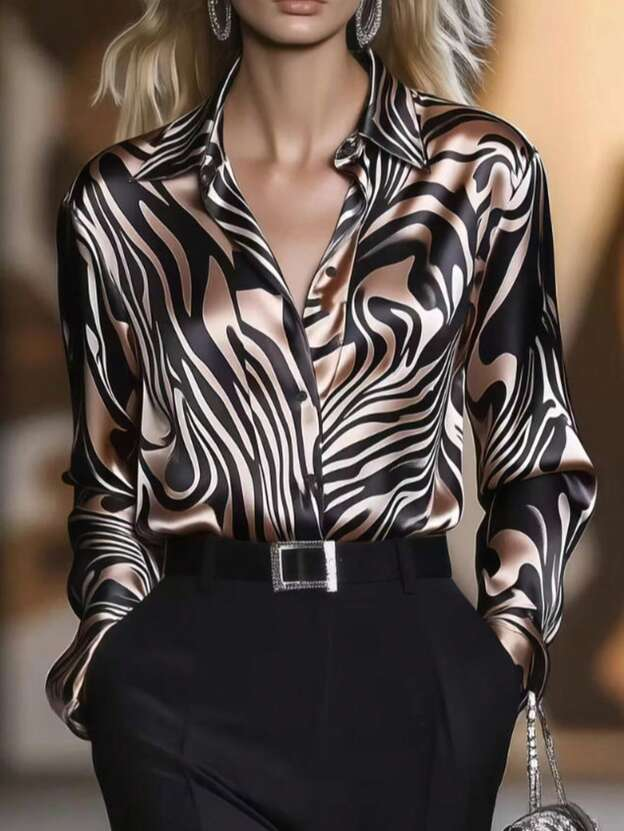 Flowering Girl Women Elegant Satin Collar Zebra Print Shirt