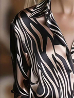 Flowering Girl Women Elegant Satin Collar Zebra Print Shirt