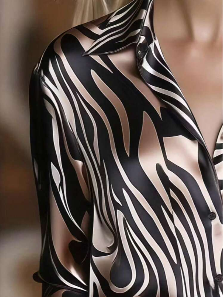 Flowering Girl Women Elegant Satin Collar Zebra Print Shirt