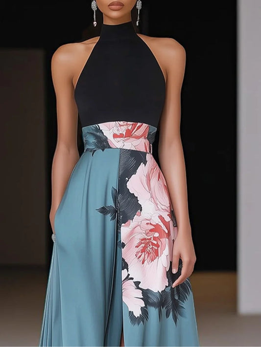 Black Slit Floral Classic Crew Neck Sleeveless A-Line Maxi Dress