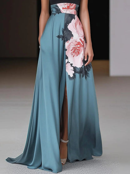 Black Slit Floral Classic Crew Neck Sleeveless A-Line Maxi Dress