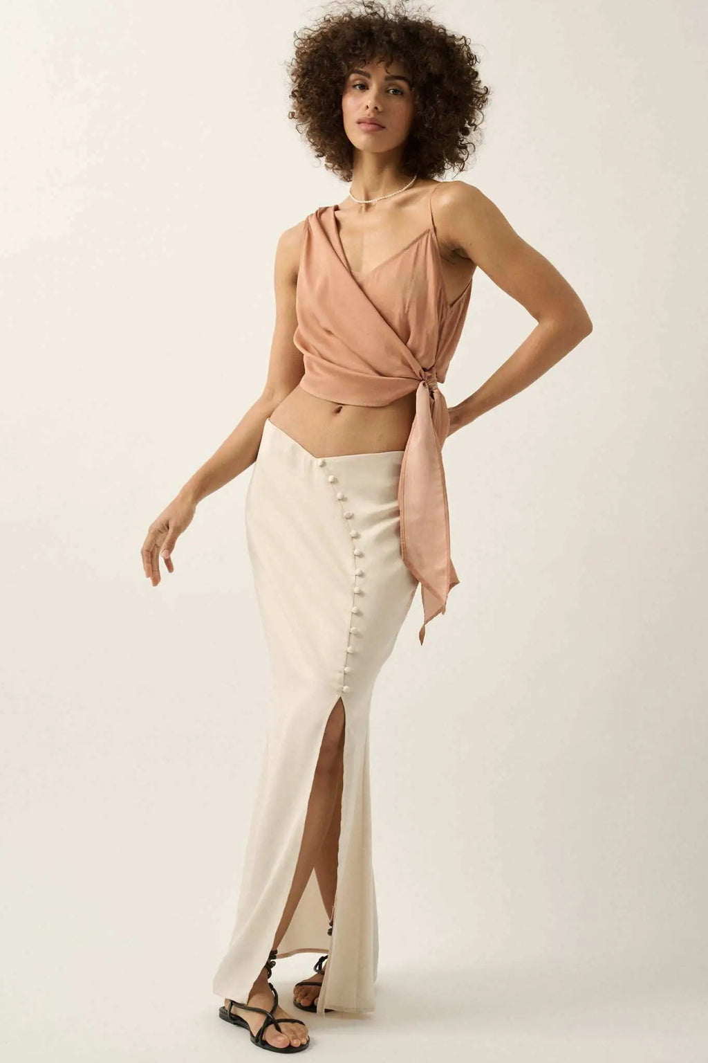 Curve Matte Satin Buttoned Maxi Skirt