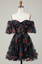 A Line Off Shoulder Fuchsia Tulle Short Homecoming Dress With Short Sleeves