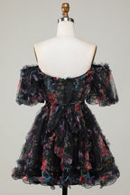 A Line Off Shoulder Fuchsia Tulle Short Homecoming Dress With Short Sleeves