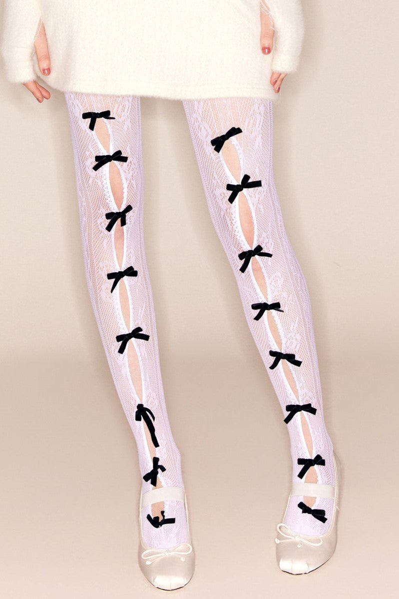Flowering Girl Women Yara Bowknot Fishnet Stockings - White