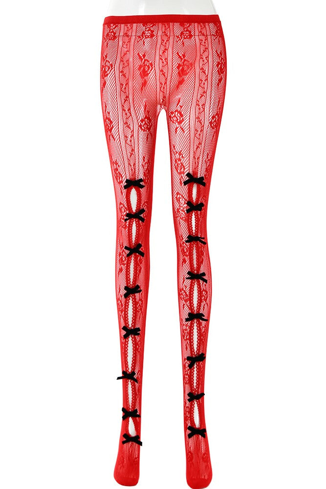 Flowering Girl Women Yara Bowknot Fishnet Stockings - Red