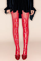Flowering Girl Women Yara Pink Bowknot Fishnet Stockings - Red