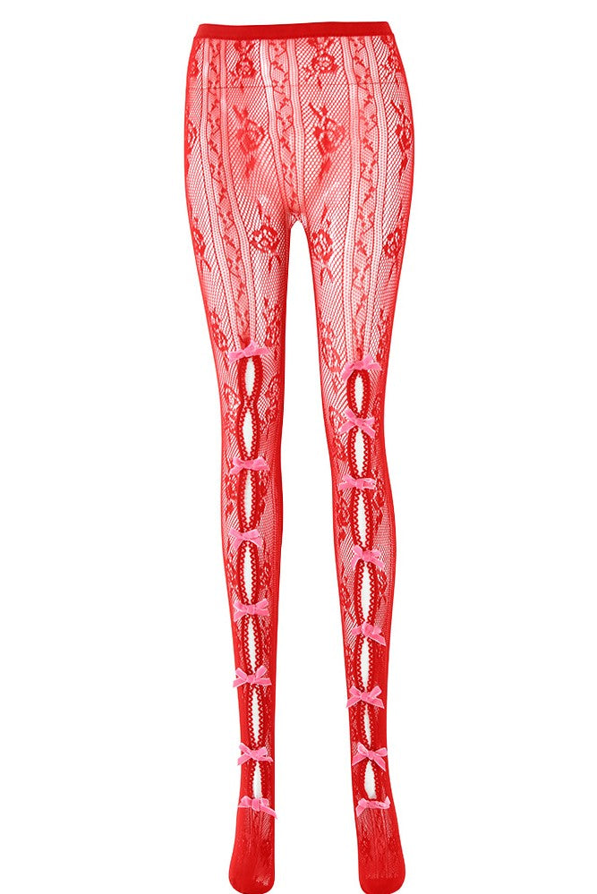 Flowering Girl Women Yara Pink Bowknot Fishnet Stockings - Red