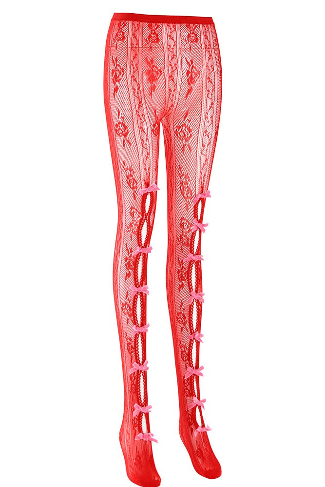Flowering Girl Women Yara Pink Bowknot Fishnet Stockings - Red