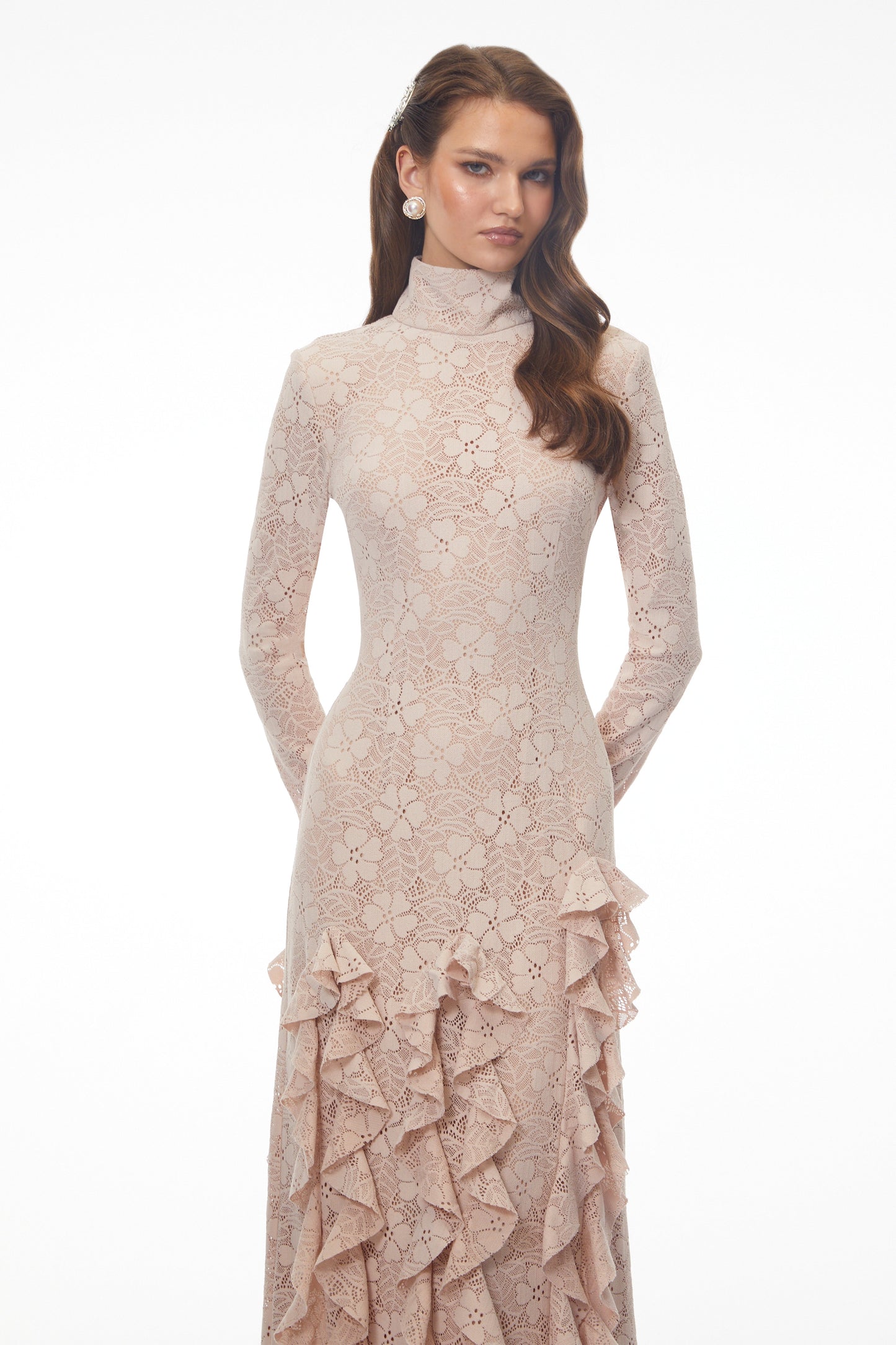 michelle Nude Floral Lace Ruffled Maxi Dress