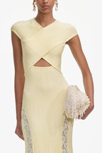 Flowering Girl Women Yellow Knit Lace Insert Midi Dress