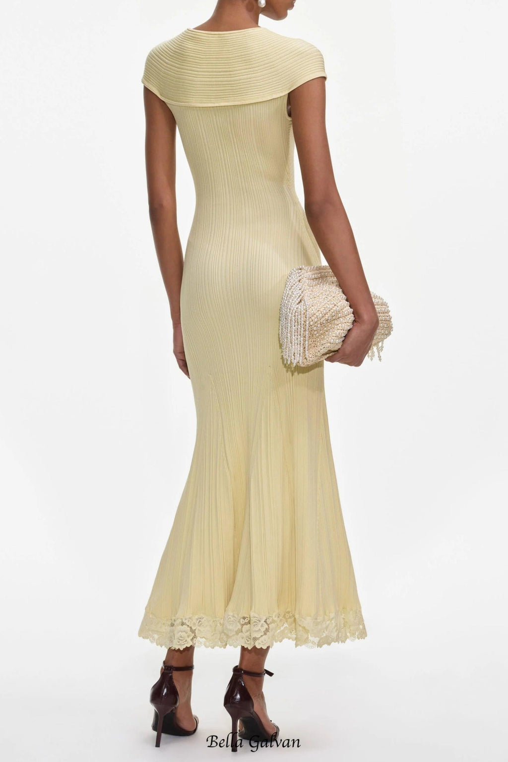 Flowering Girl Women Yellow Knit Lace Insert Midi Dress