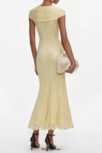 Flowering Girl Women Yellow Knit Lace Insert Midi Dress